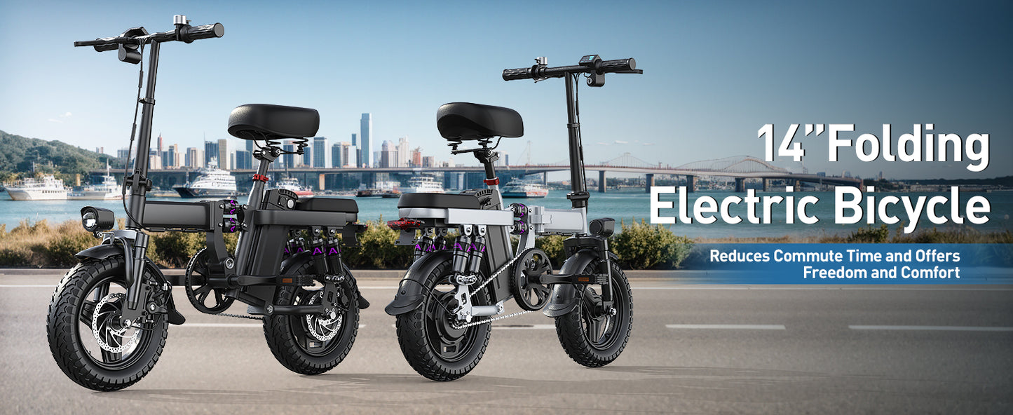 UPlee GE5 48V 15AH Battery EBike 30+MPH 250W Folding Electric Bike 30 Miles Max Range Electric Bike for Adults 14" Fat Tire