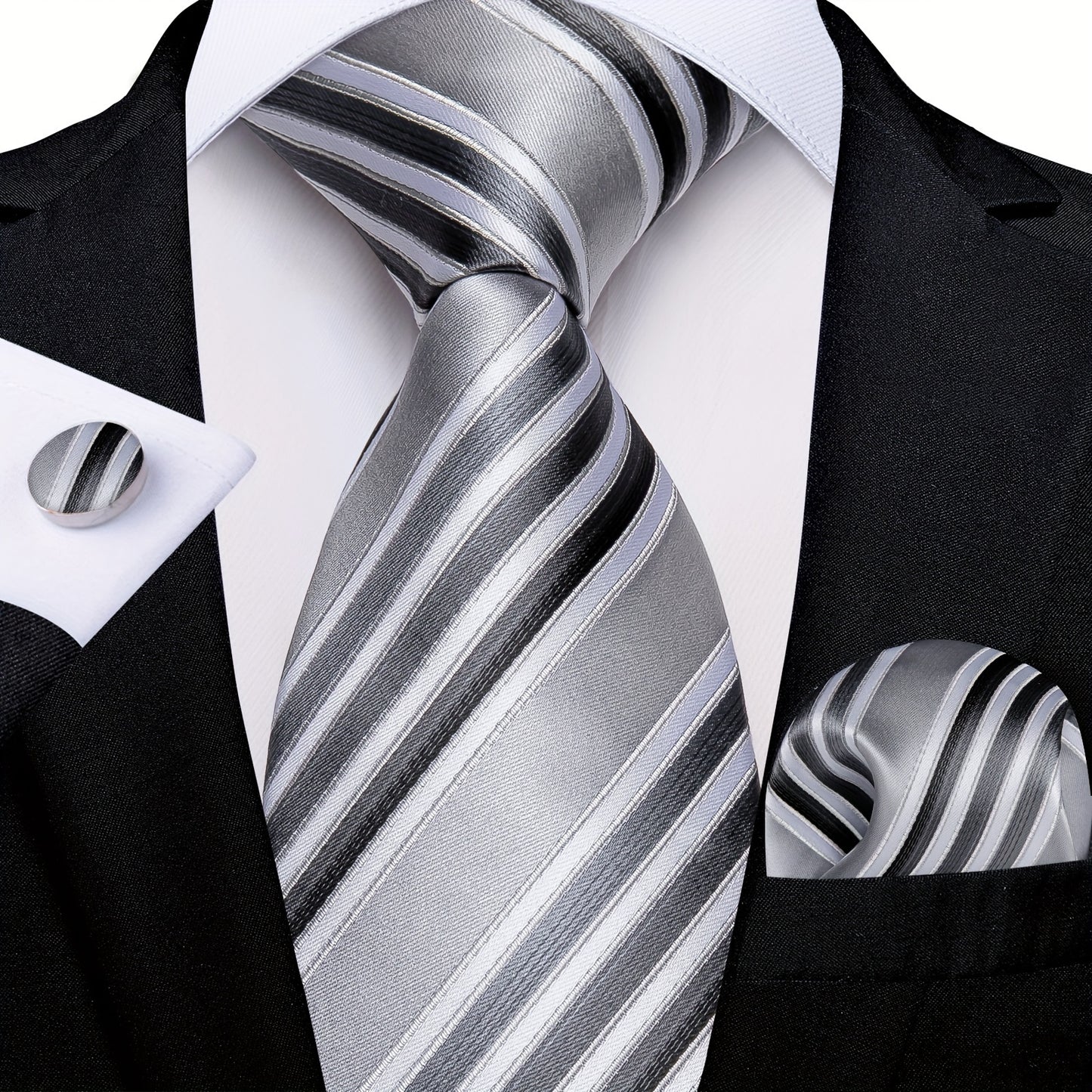 3PCS Gray Striped Silk Tie Set - Woven Necktie Hanky  Cufflinks Gift - ZOOMNSTORE