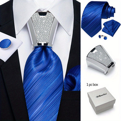 Mens Silvery Necktie Set - Necktie Ring Handkerchief  Cufflinks with Gift Box - ZOOMNSTORE