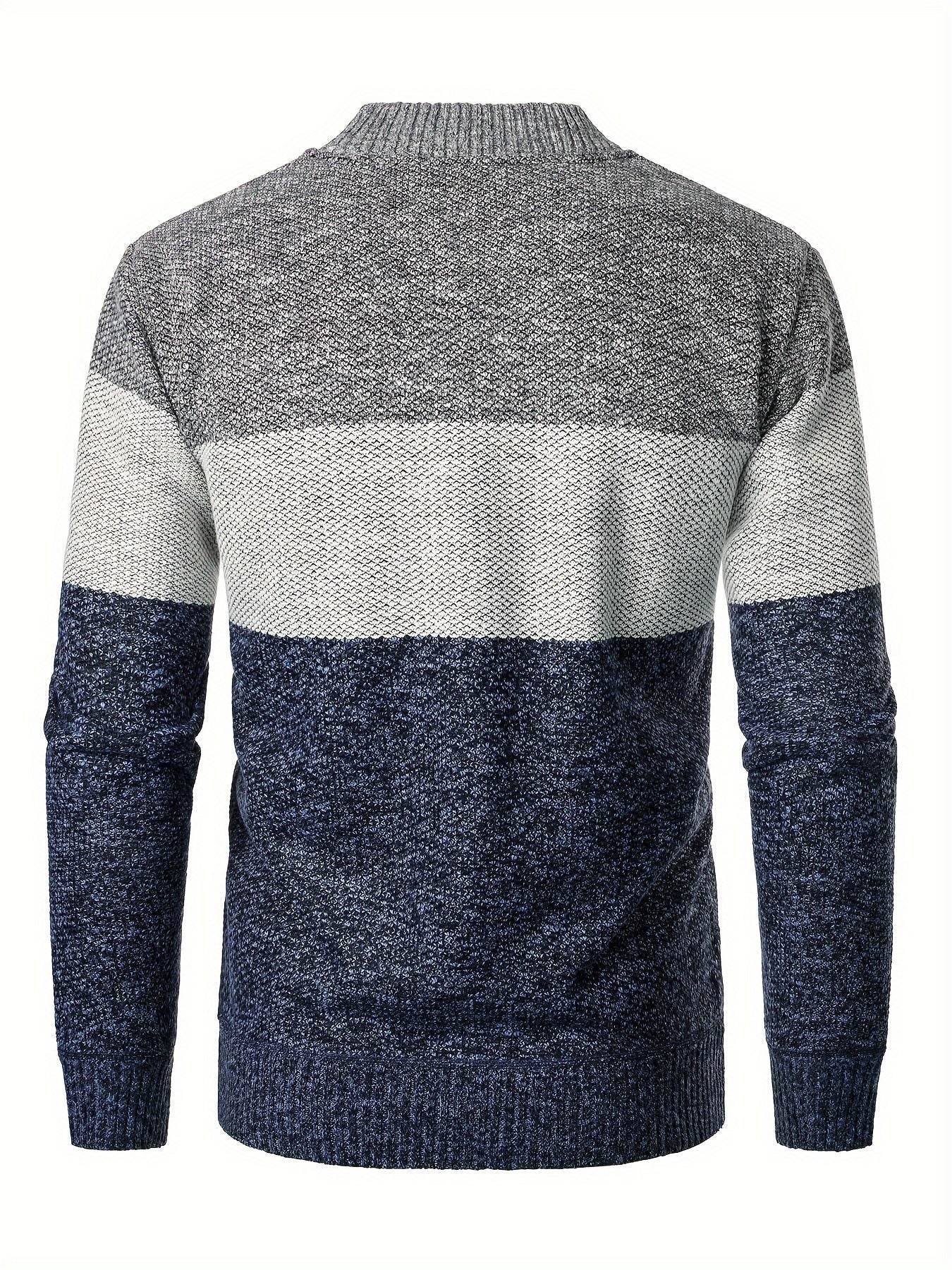 Men'S Casual High Neck Fleece Jacket, Color Block Knit Polyester Cardigan, Mid Stretch Zip-Up Fall/Winter Outerwear, Regular Fit with Placket Closure, Thick - ZOOMNSTORE