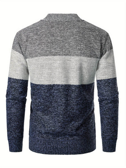 Men'S Casual High Neck Fleece Jacket, Color Block Knit Polyester Cardigan, Mid Stretch Zip-Up Fall/Winter Outerwear, Regular Fit with Placket Closure, Thick - ZOOMNSTORE