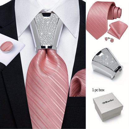 Mens Silvery Necktie Set - Necktie Ring Handkerchief  Cufflinks with Gift Box - ZOOMNSTORE