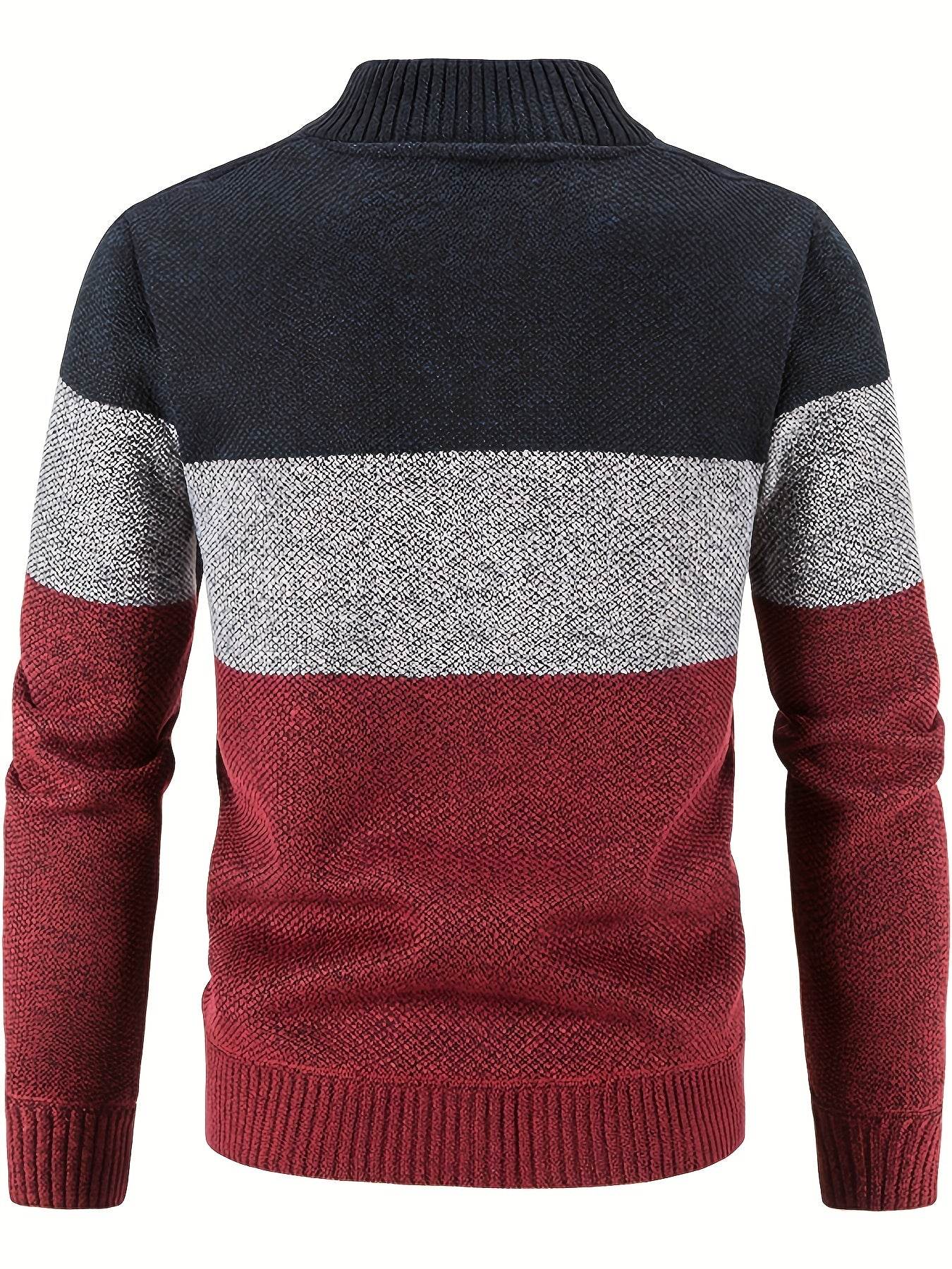 Men'S Casual High Neck Fleece Jacket, Color Block Knit Polyester Cardigan, Mid Stretch Zip-Up Fall/Winter Outerwear, Regular Fit with Placket Closure, Thick - ZOOMNSTORE
