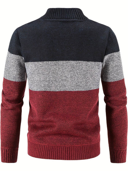 Men'S Casual High Neck Fleece Jacket, Color Block Knit Polyester Cardigan, Mid Stretch Zip-Up Fall/Winter Outerwear, Regular Fit with Placket Closure, Thick - ZOOMNSTORE