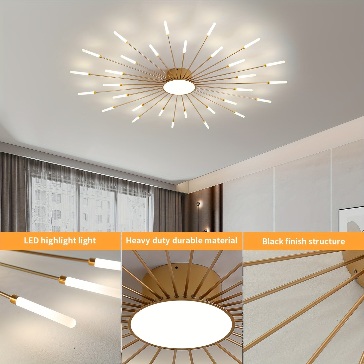 Gold Modern Fireworks Chandelier with 30 LEDs Adjustable 60W-120W 3000K-6500K Lighting for Living Room Bedroom and Dining Room - ZOOMNSTORE
