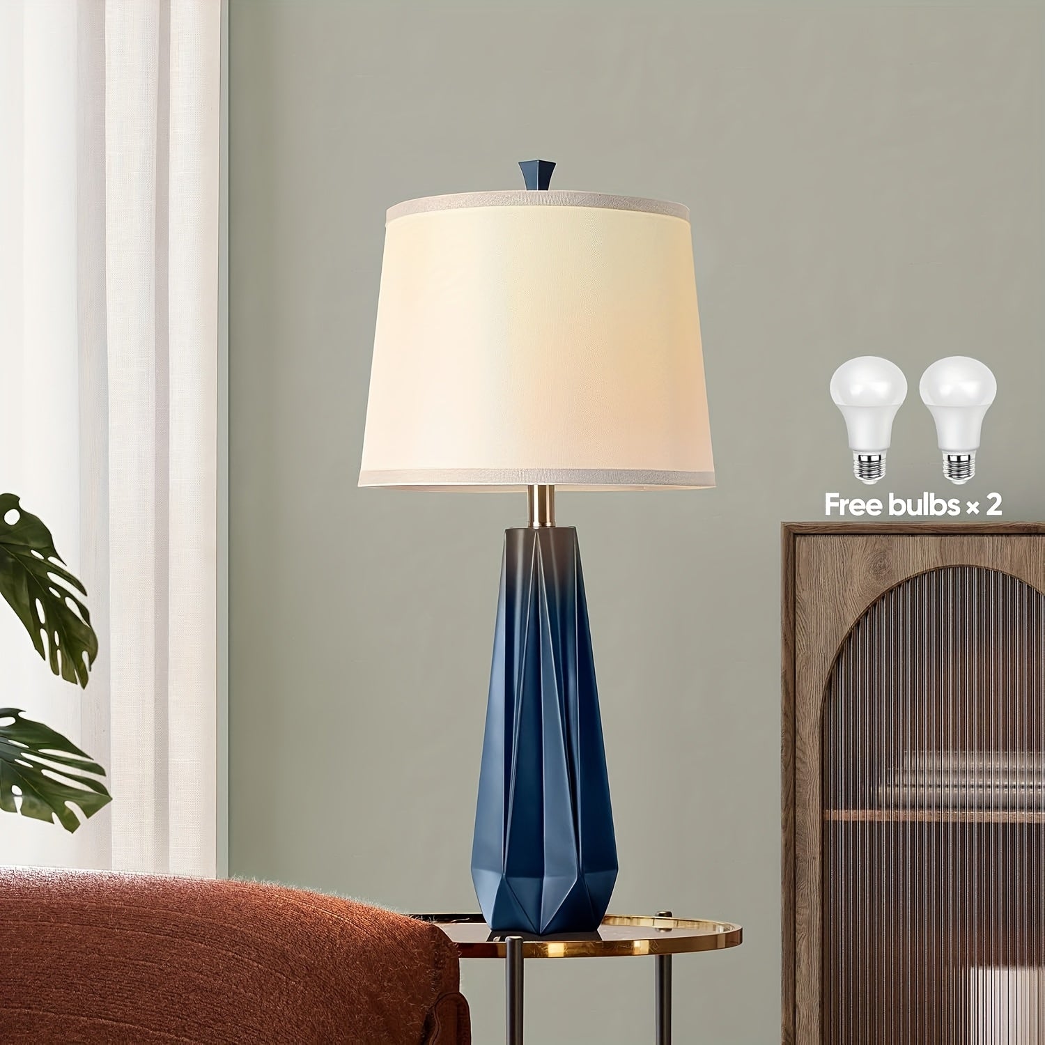 Modern Navy Blue Table Lamps - Touch Control Uplight with Linen Shade 3 Color Temperature Settings 2 Bulbs Included - ZOOMNSTORE