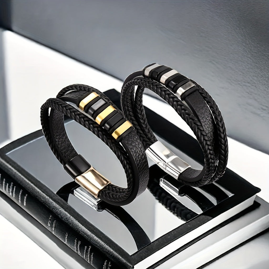 Mens Braided Faux Leather Bracelet - Vintage Punk Accessory with Magnetic Clasp - ZOOMNSTORE