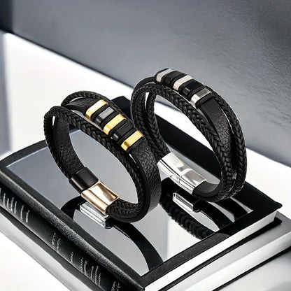 Mens Braided Faux Leather Bracelet - Vintage Punk Accessory with Magnetic Clasp - ZOOMNSTORE