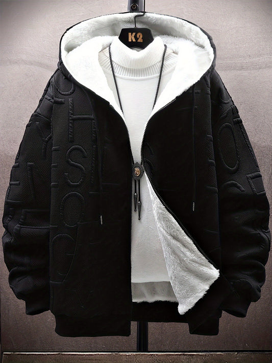 Mens Casual Full-Zip Hoodie with Plush Lining - Stylish Letter Print Jacket for FallWinter Streetwear - ZOOMNSTORE