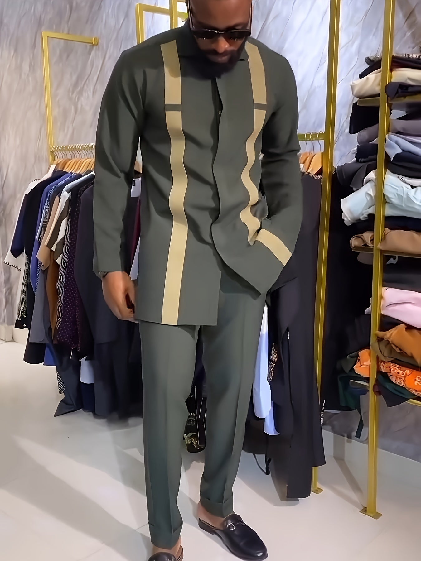 2-Piece African Dashiki Suit - Mens Casual Long-Sleeve Top  Elastic Pants Set - ZOOMNSTORE