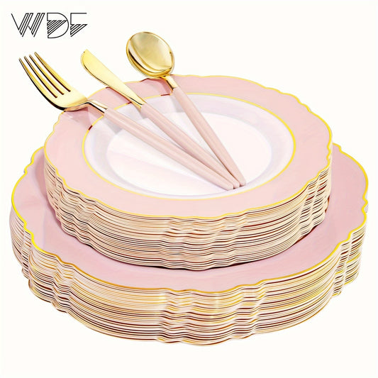 Pink Plastic Dinnerware Set for 30 Guests - Plates  Golden Cutlery with Pink Handles for Upscale Weddings  Parties - ZOOMNSTORE