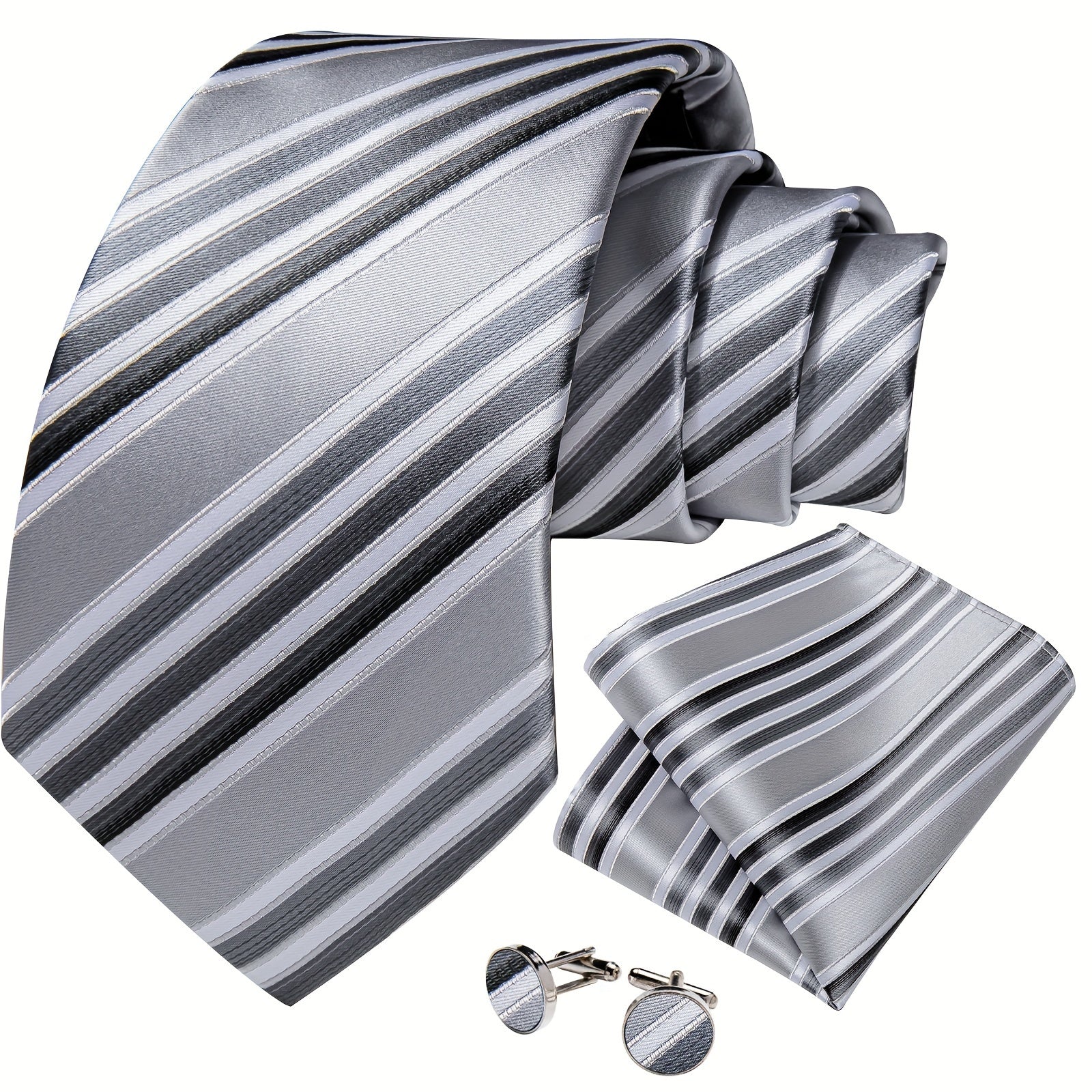 3PCS Gray Striped Silk Tie Set - Woven Necktie Hanky  Cufflinks Gift - ZOOMNSTORE