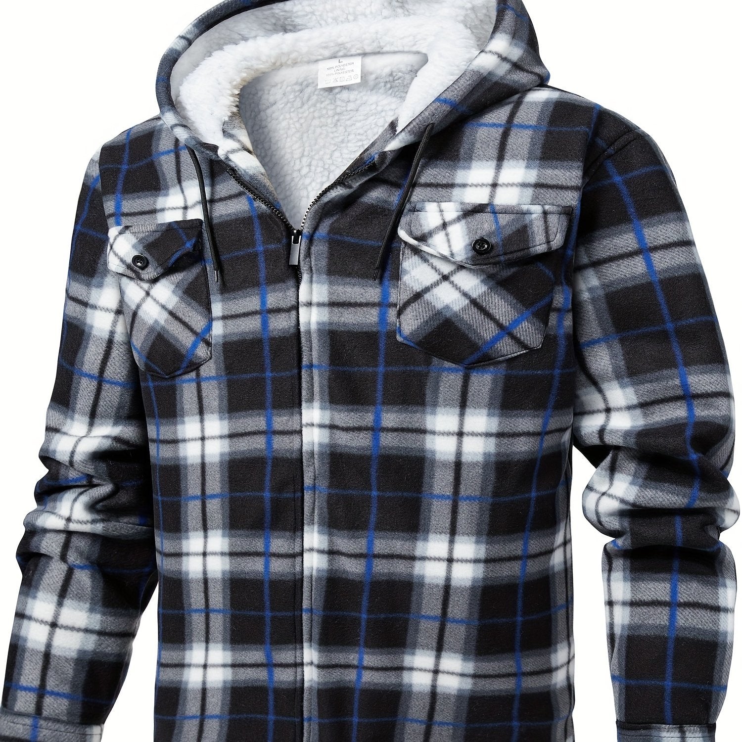 Men's fleece hooded casual fashion plaid zipper jacket - ZOOMNSTORE