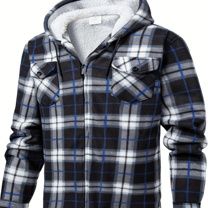 Men's fleece hooded casual fashion plaid zipper jacket - ZOOMNSTORE