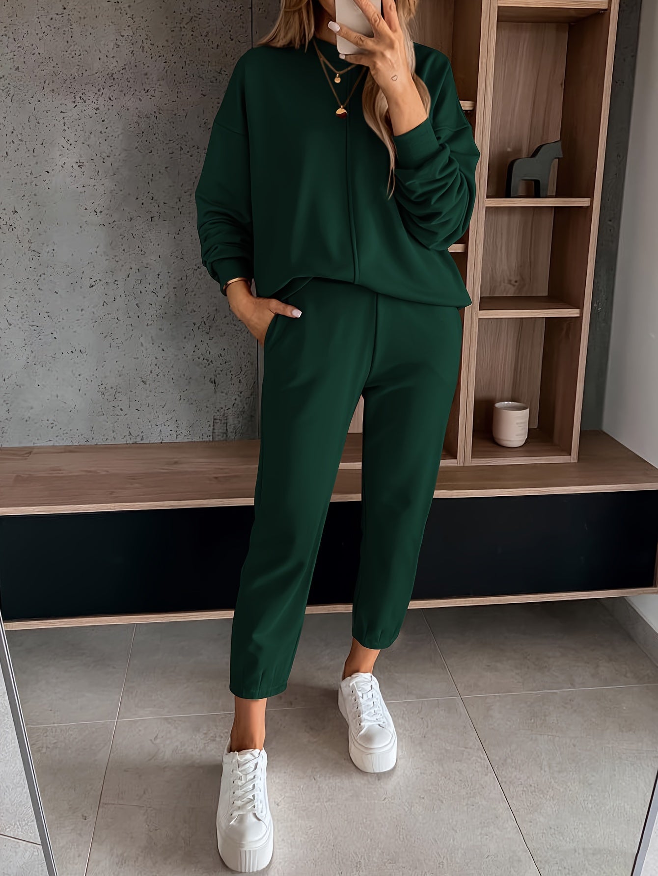 Womens Long Sleeve Pullover  Jogging Pants Set - Casual Autumn Winter Commuting Outfit with Pockets - ZOOMNSTORE