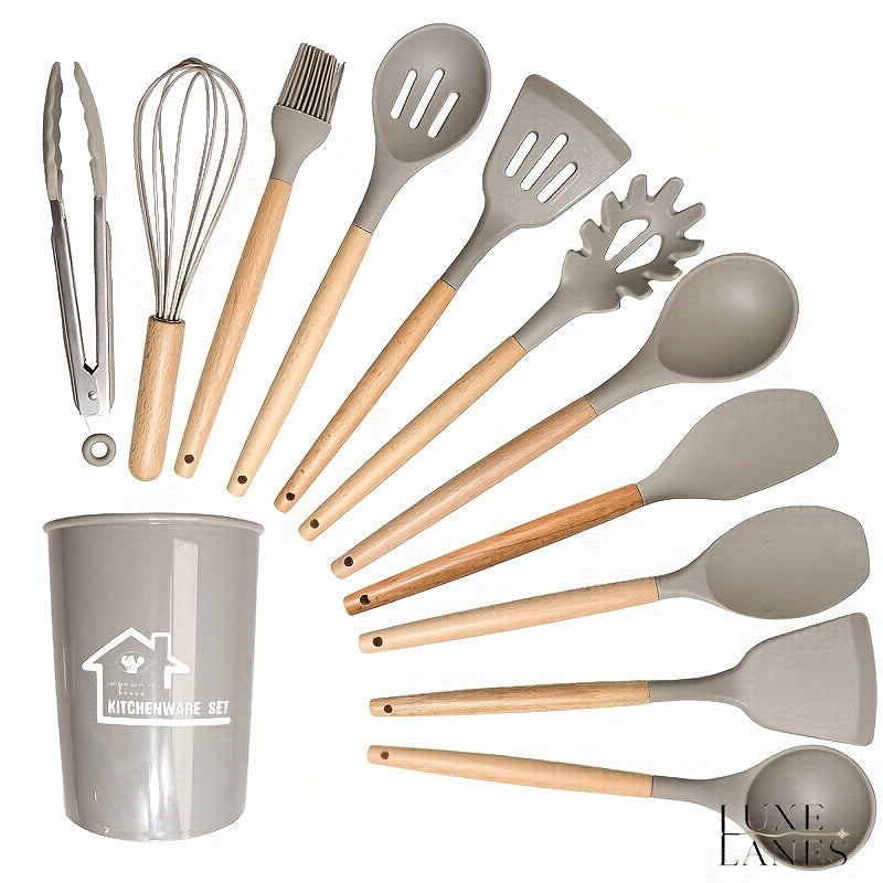 Non-Stick Silicone Kitchen Utensil Set - 12pcs with Ergonomic Wooden Handles Heat-Resistant  Easy to Clean - ZOOMNSTORE