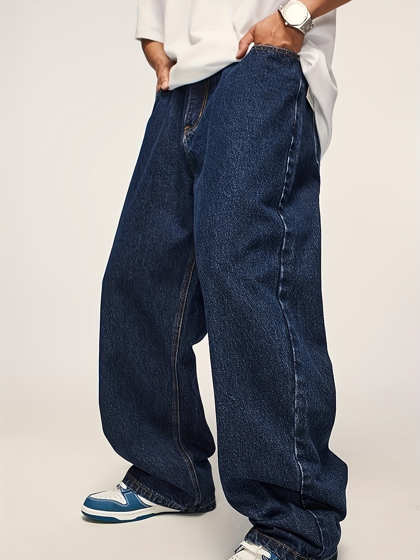 Mens Wide Leg Jeans - Casual Hip Hop Denim Joggers with Elastic Waist - ZOOMNSTORE