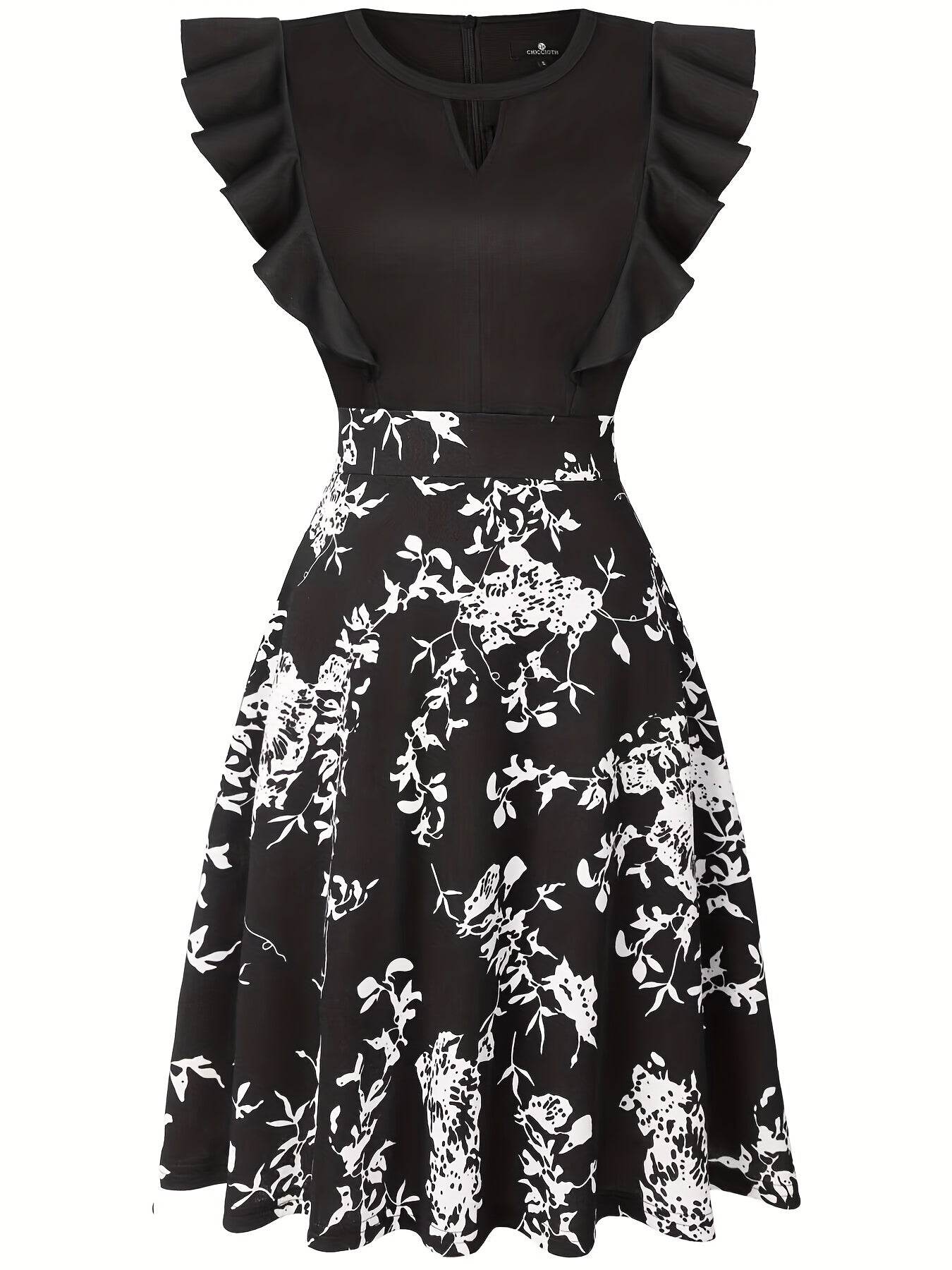 Elegant Floral Midi Dress for Women - Navy Blue with Ruffled Sleeves, Keyhole Neckline, and Stretchy Polyester Blend, Machine Washable, Perfect for All Seasons - ZOOMNSTORE