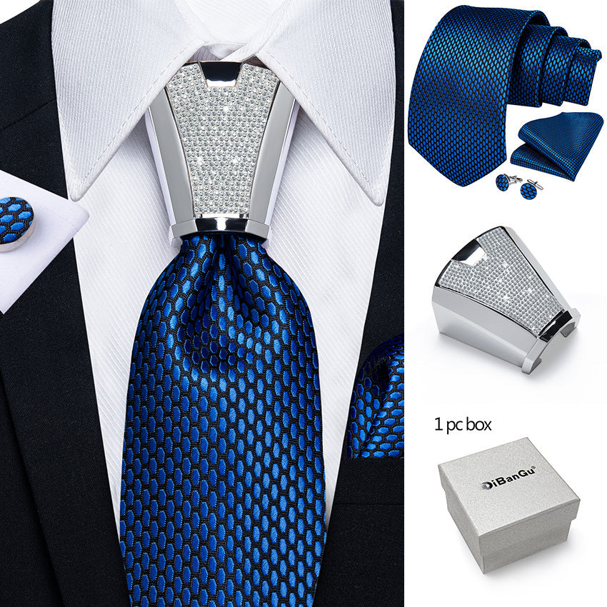 Mens Silvery Necktie Set - Necktie Ring Handkerchief  Cufflinks with Gift Box - ZOOMNSTORE