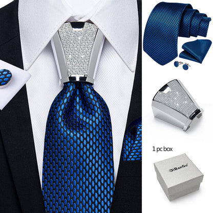 Mens Silvery Necktie Set - Necktie Ring Handkerchief  Cufflinks with Gift Box - ZOOMNSTORE