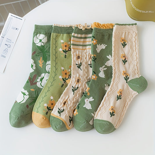 5/6 Pairs Floral Print Mid-Calf Socks - Soft Stretchy Polyester Blend, 3D Embossed Flower Design, Mixed Colors, All-Season Casual & Versatile for Casual Attire, Comfortable Socks | Playful Design Socks | Stretchy Fabric Socks - ZOOMNSTORE