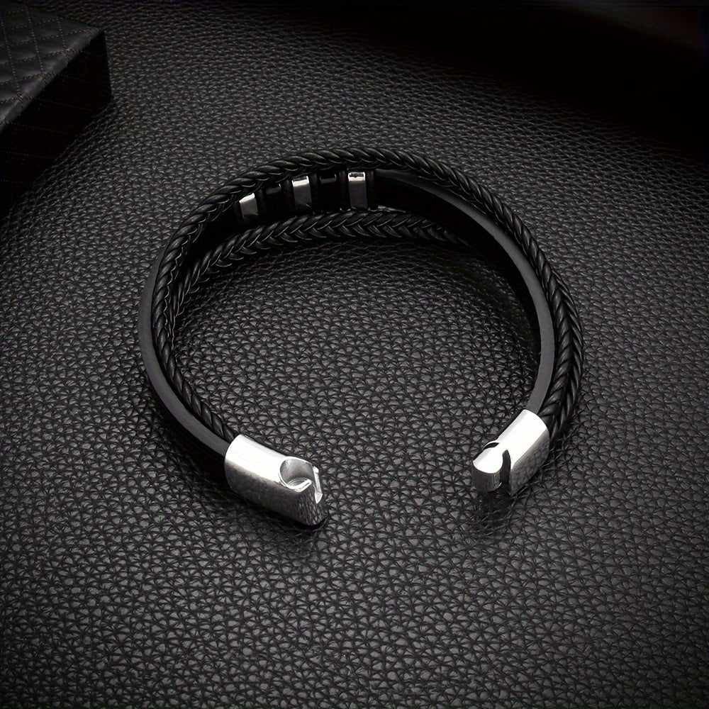 Mens Braided Faux Leather Bracelet - Vintage Punk Accessory with Magnetic Clasp - ZOOMNSTORE