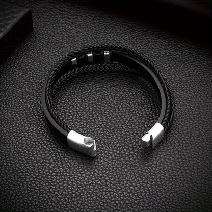 Mens Braided Faux Leather Bracelet - Vintage Punk Accessory with Magnetic Clasp - ZOOMNSTORE