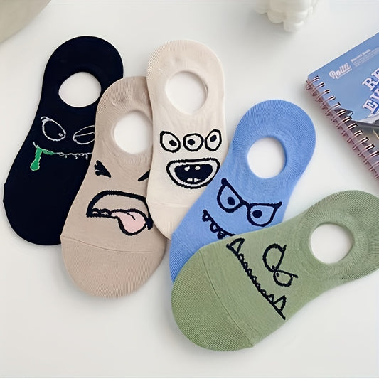 5 Pairs of Women'S Cartoon Expression Invisible Low Top Lined Socks, Breathable Polyester Socks, Lightweight Socks, Suitable for Spring And Summer, Machine Washable - ZOOMNSTORE