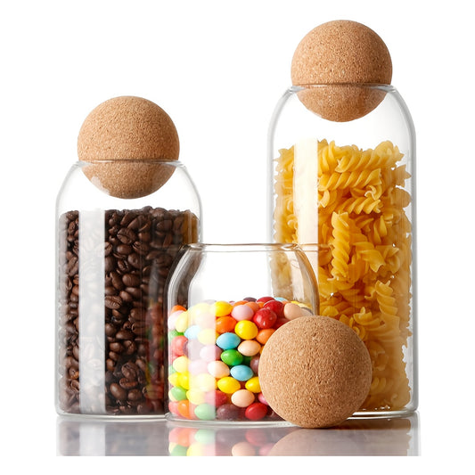 Airtight Glass Storage Jar Set - 3pcs Cork Lid Canisters for Food Coffee Tea Spices - ZOOMNSTORE