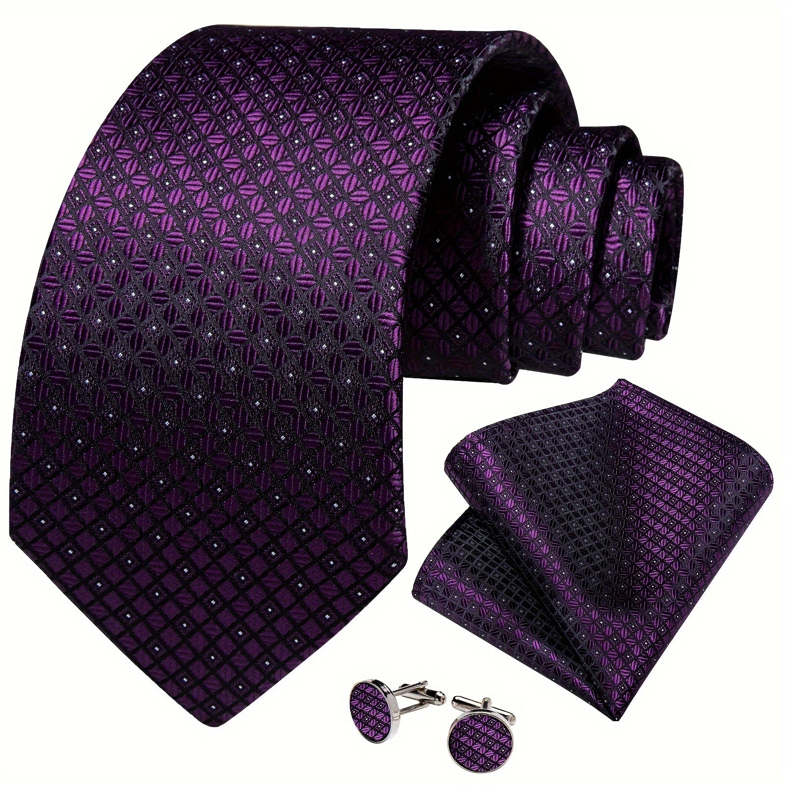 Classic Mens Silk Tie Set - Purple Check Necktie Hanky  Cufflinks - ZOOMNSTORE