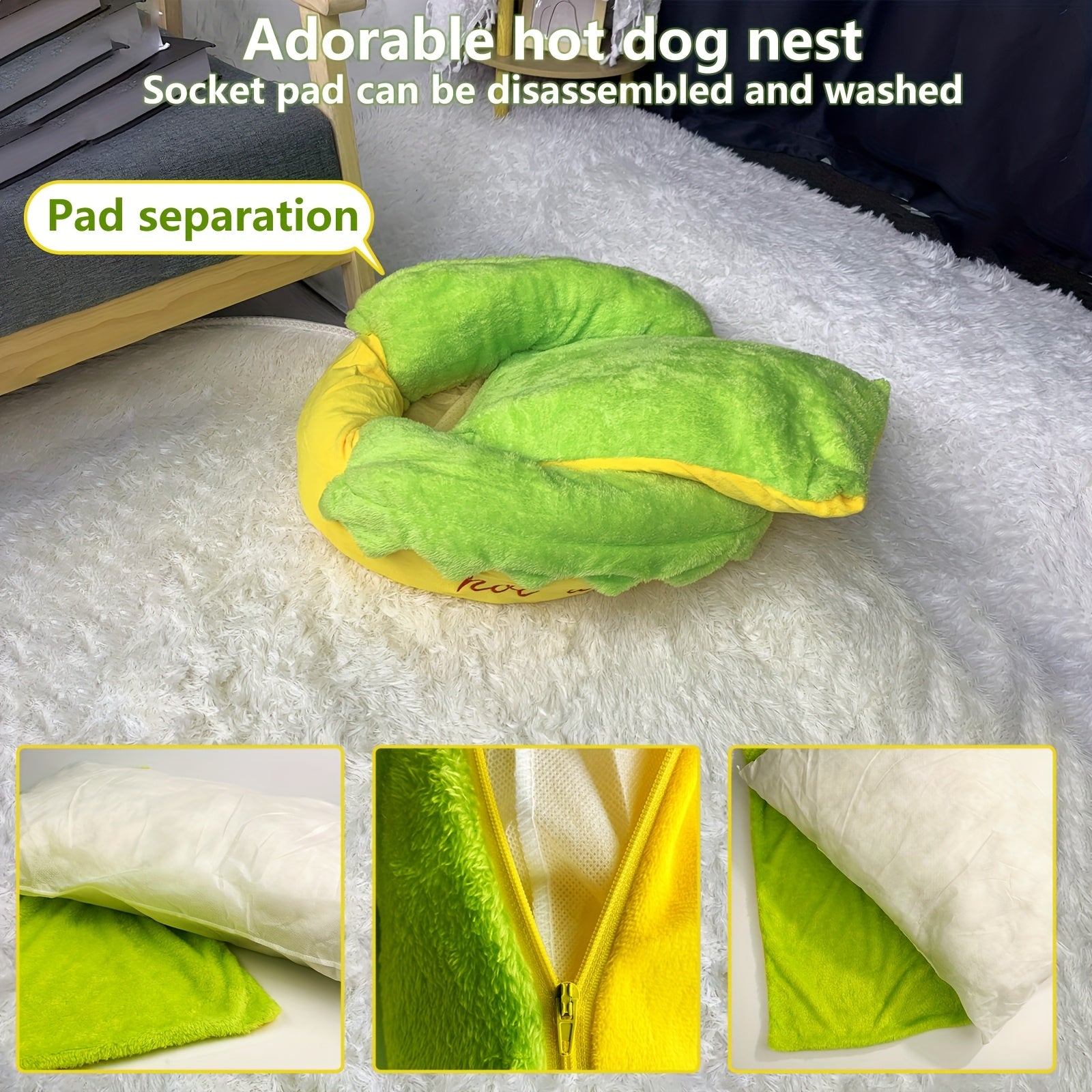 Soft Plush Hot Dog Pet Bed - Removable Cushion for Small to Medium Pets Easy to Clean Vibrant Yellow Green - ZOOMNSTORE