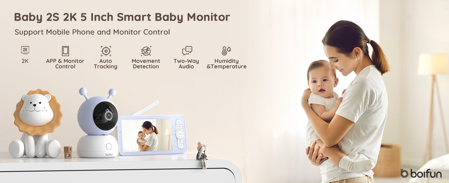 BOIFUN 2K 5'' Screen Control Wifi Video Baby Monitor Camera, ,Two-Way Talk, Motion&Crying Detection, Auto Tracking, Night Vision
