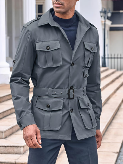 Mens Multi-Pocket Safari Jacket - Casual Outdoor Cargo Coat with Belt - ZOOMNSTORE
