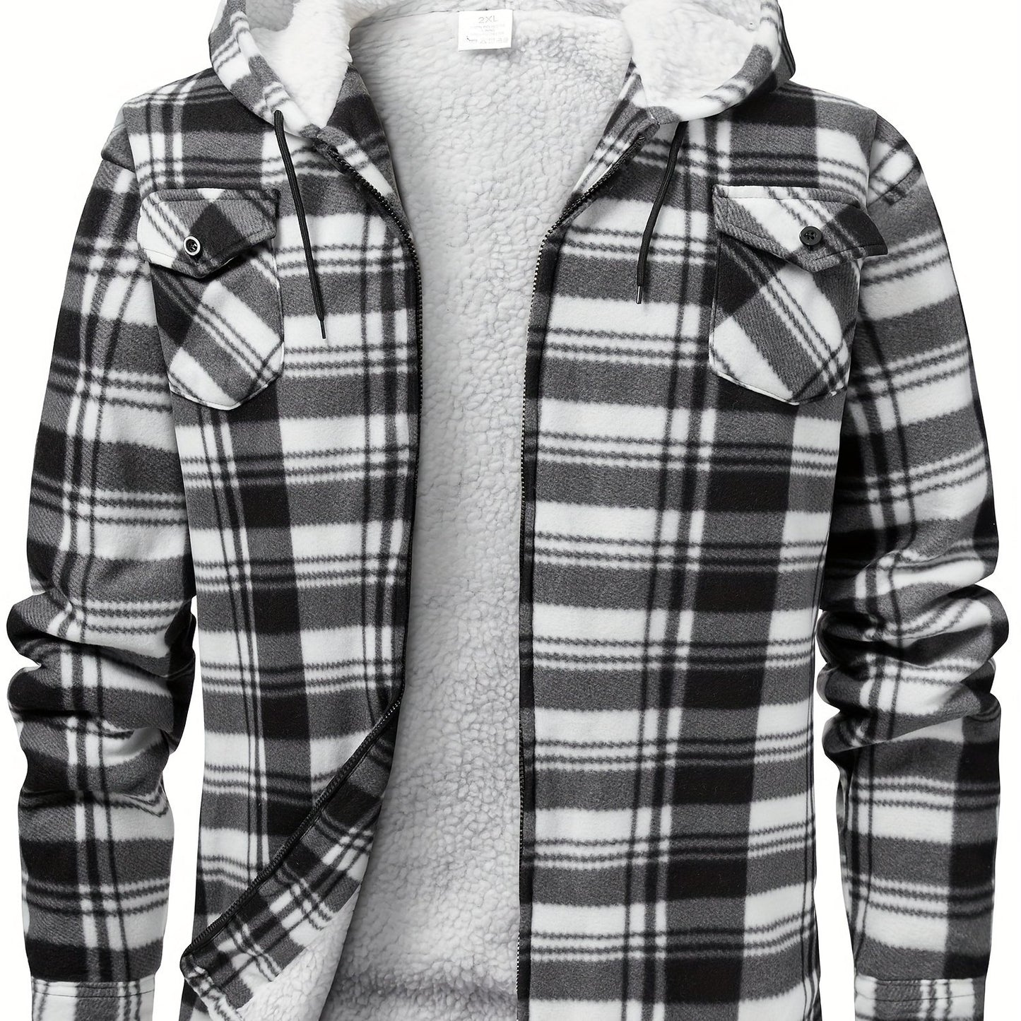Men's fleece hooded casual fashion plaid zipper jacket - ZOOMNSTORE