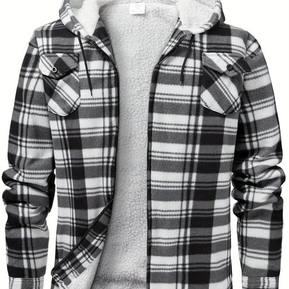 Men's fleece hooded casual fashion plaid zipper jacket - ZOOMNSTORE