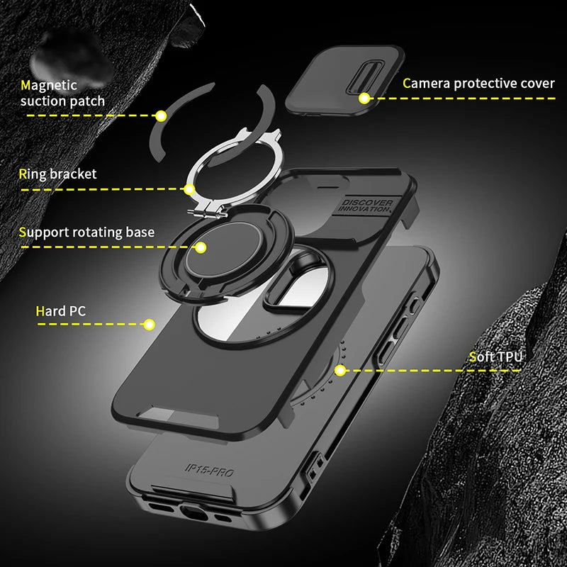 iPhone 16 Pro Max Case – Shockproof Phone Cover With Rotating Car Holder & Hidden Metal Ring - ZOOMNSTORE