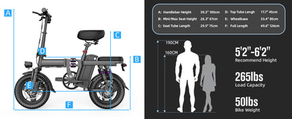 UPlee GE5 48V 15AH Battery EBike 30+MPH 250W Folding Electric Bike 30 Miles Max Range Electric Bike for Adults 14" Fat Tire