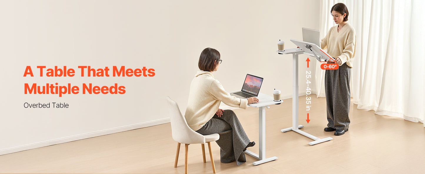 Adjustable Overbed Table – Mobile Bed Table with Swivel Caster Wheels & Tilt Angle